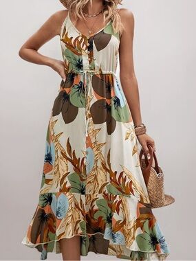 Brovave Sleeveless Tropical Maxi Dress in Coral, Green and Cream NWT Size Large